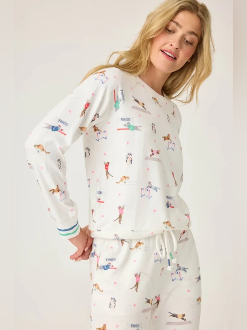 PJ Salvage White Long-Sleeve Pajama Top Colorful Cat Print Catletics